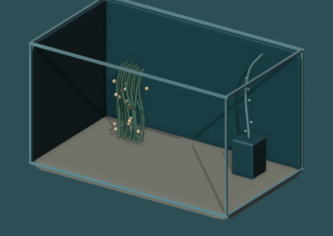 Illustrated nursery with eggs on a mop and a sponge filter, without adult fish