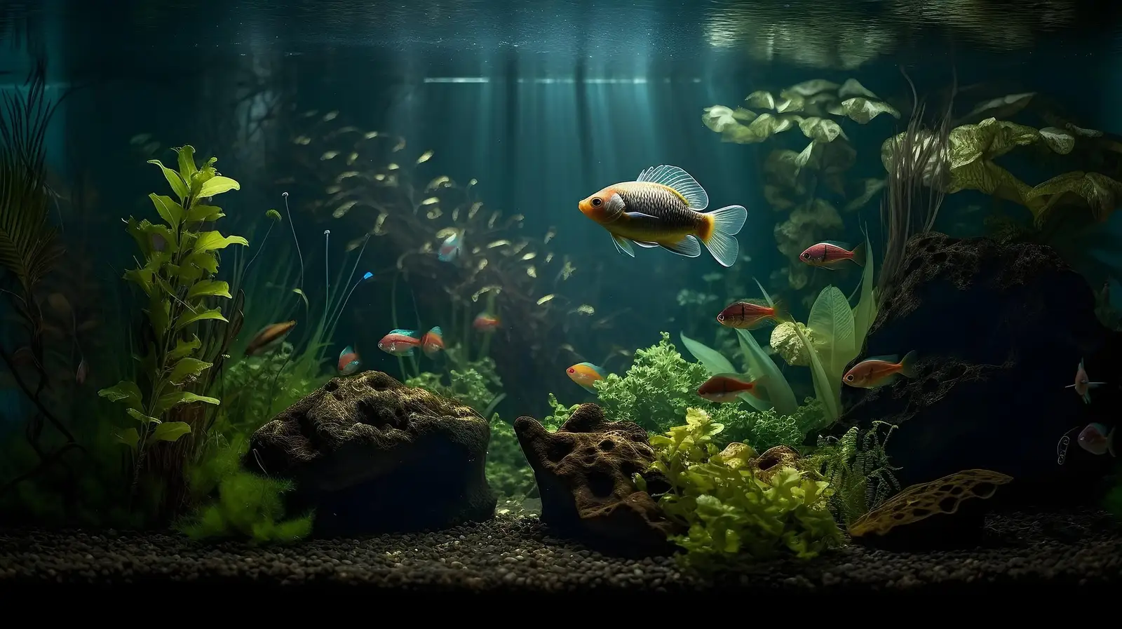 Freshwater aquarium with plants and fish